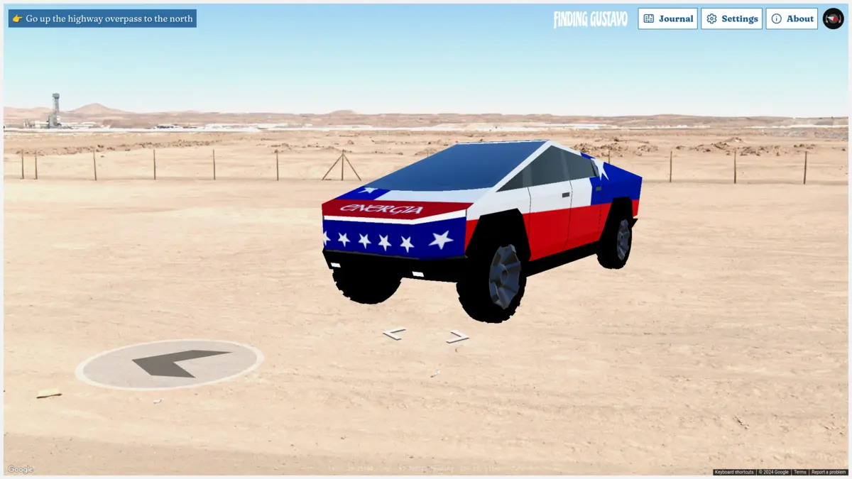 Finding Gustavo - a 3D model of the Tesla Cybertruck with a Chilean flag all over it, embedded within Google Street View