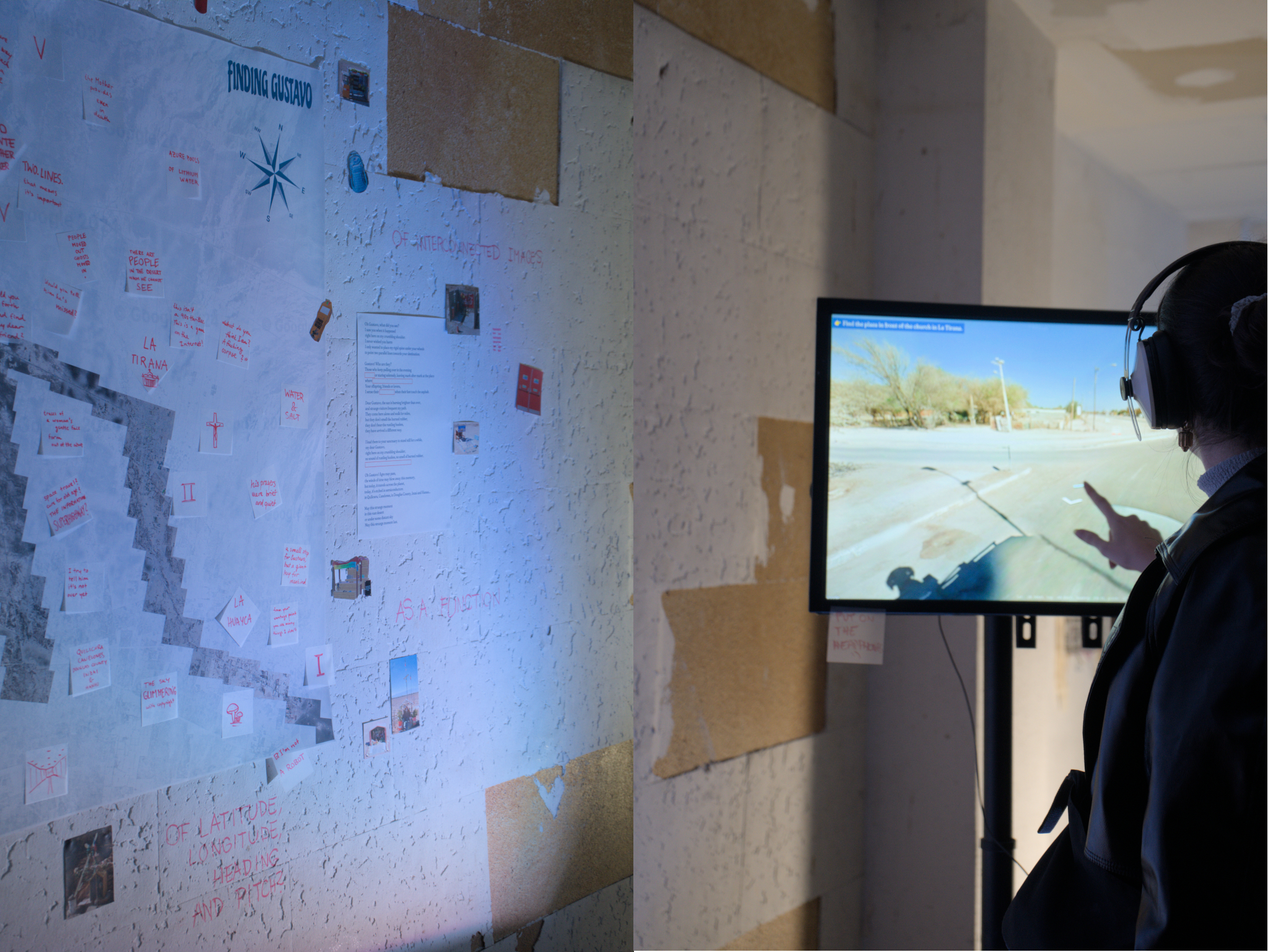 Left - wall covered with post its from the game, right - a visitor playing Finding Gustavo on a touchscreen