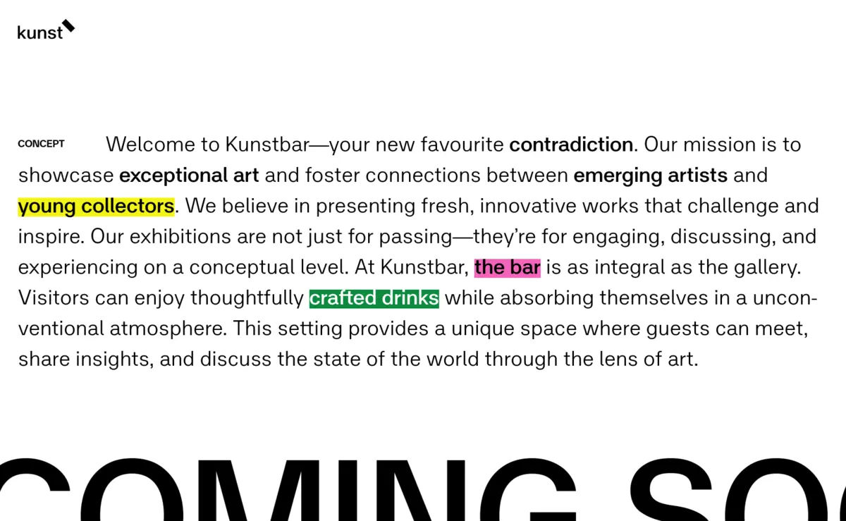 Screenshot of the Kunstbar website with the description section