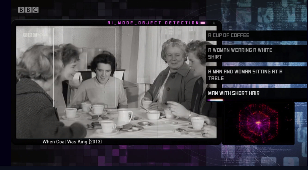 Still from the Made by Machine documentary, showing a scene with a group of women and a list of objects recognised by AI